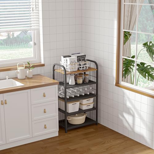 Tall Slim Shoe Rack for Entryway Closet, 5-Tier Shoe Organizer | Narrow Vertical Shoe Storage Shelf Wood with Guardrails, Metal Mesh Shelves, Wooden Top,for Front Door Entrance Small Spaces - size: 17.32" X 10.24" X 29.33"