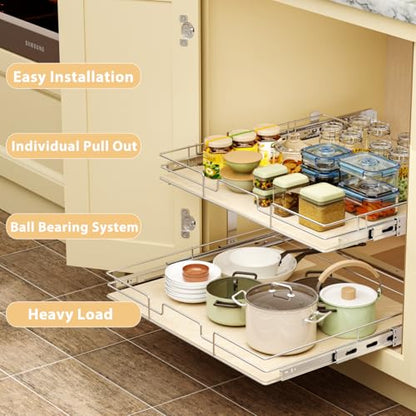 ROOMTEC 2 Tier Individual Pull Out Cabinet Organizer 28½"W x 21½"D, Slide Out Wood Shelves Organizers, Pull Out Drawers Organization and Storage for Kitchen Cabinet - size: 28½" W x 21½" D