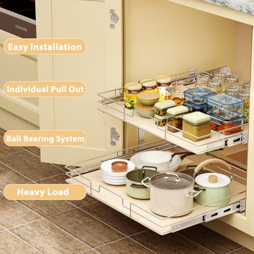 ROOMTEC 2 Tier Individual Pull Out Cabinet Organizer 25½"W x 21½"D, Slide Out Wood Shelves Organizers, Pull Out Drawers Organization and Storage for Kitchen Cabinet - size: 25½" W x 21½" D