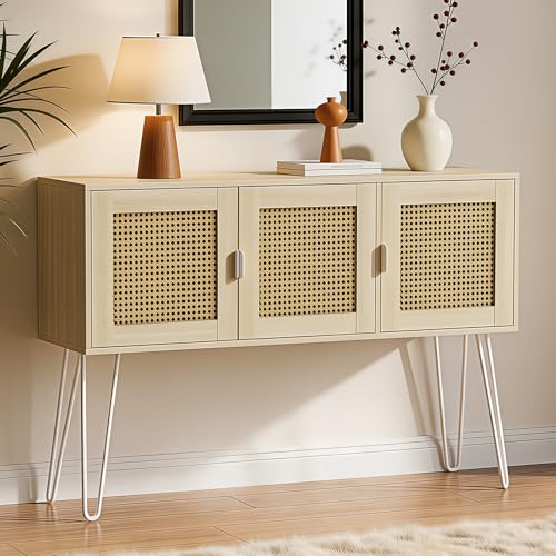 Netstar 47" Entryway Console Table with Storage, Rattan Cabinet Hallway Table with 3 Doors, Farmhouse Sofa Couch Table for Living Room, Foyer, Anti-Tip, Natural