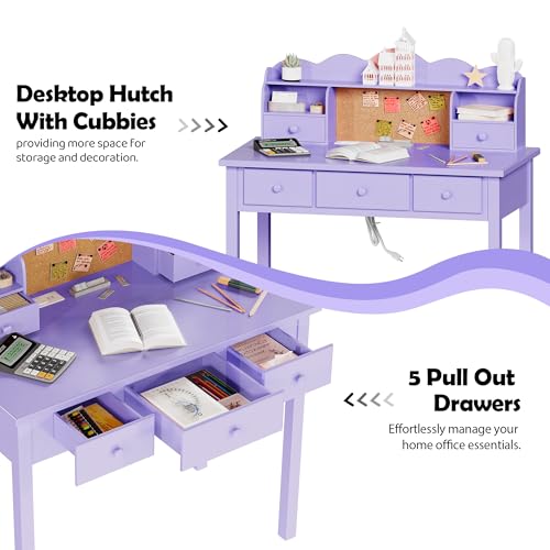 FUNKOCO Home Office Furniture Writing Desk, 36 Inch Computer Work Station with Detachable Hutch for Small Place, 5 Drawers(Purple) - color: 6-purple