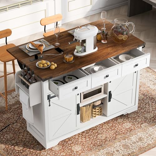 Ball & Cast Kitchen Island with Storage,53.7" Farmhouse Rolling Kitchen Island Cart w/Power Outlet & Drop Leaf,Mobile Island Table w/3 Drawers,Towel Rack and Spice Rack,for Home and Dining Room,White - color: White