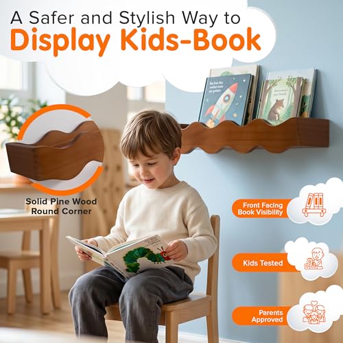 Ovalo Nursery Book Shelves Set of 2 - Solid Pine Wood Nursery Bookshelf, Floating Nursery Shelves for Wall, Wall Bookshelf for Kids Room, No-Assembly Wall Mounted Baby Book Shelf. (Walnut Brown) - color: Walnut Brown