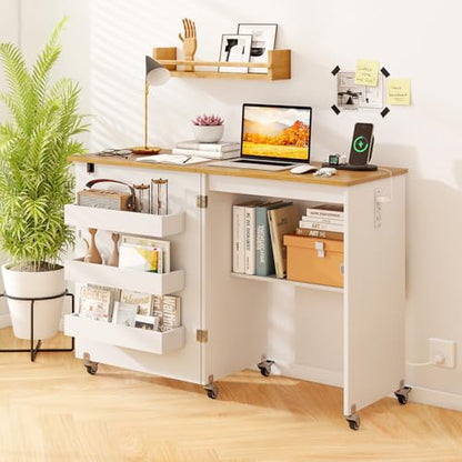 DREAMADE Folding Sewing Table with Storage, Craft Table w/Charging Station, 5 Lockable Wheels, Storage Bins & Shelf, Sewing Machine Desk for Home Office, Apartment, Studio (White & Natural) - color: White & Natural