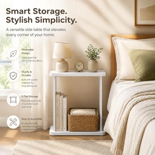 Narrow Side Table for Small Spaces, 7.9" Slim End Table with 2-Tier Open Storage Shelf, Modern Skinny Wood Sofa Table for Living Room, Bedroom, Nightstand, Couch(White) - color: White