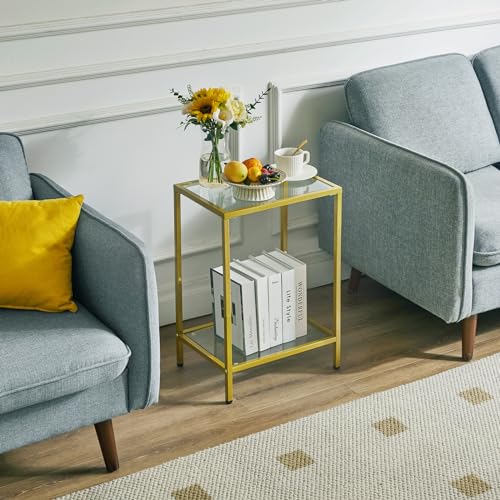 YMYNY Tempered Glass Side Table, 22.05H*14.96L*11.02W,Gold, UHGD002G | 2 Tier end table, Storage Shelves, Narrow Bedside Table, Small Space - color: Gold