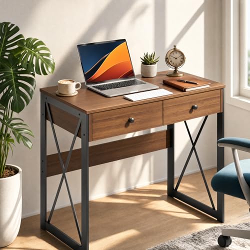 Manora Rustic Brown Computer Desk with Power Outlets & USB Ports, 31.5 Inch Small Writing Desk with 2 Drawers, Industrial Home Office Desk with Metal Frame for Bedroom, Apartment & Small Spaces - color: Rustic Brown