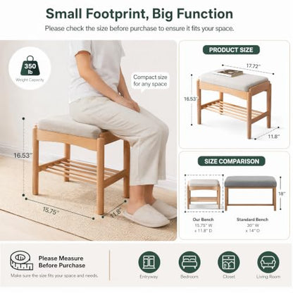 Solid Wood Shoe Bench, Small Entryway Bench with Light Gray Cushion | Natural oak finish with visible wood grain and soft cushion creates a compact, stylish seat for small spaces. - color: Natural + Light Gray Cushion, size: 17.71"