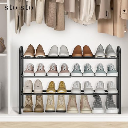 STO STO Expandable Shoe Rack, 3-Tier Metal Small Shoe Rack for Closet, Up to 16 Pairs Adjustable Shoes Racks Storage for Front Door Entrance, Free Standing Shoes Rack Organizer for Entryway, Black - size: 3-Tier