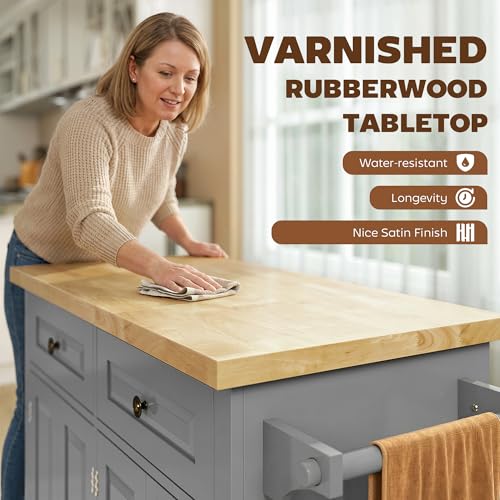 HOMCOM Kitchen Island Cart with Solid Wood Top 44" Mobile Gray | Kitchen Island Table, on Wheels, Storage Cabinets, 2 Drawers, Adjustable Shelves, Spice Rack & Towel Bar, for Dining Room - color: Grey