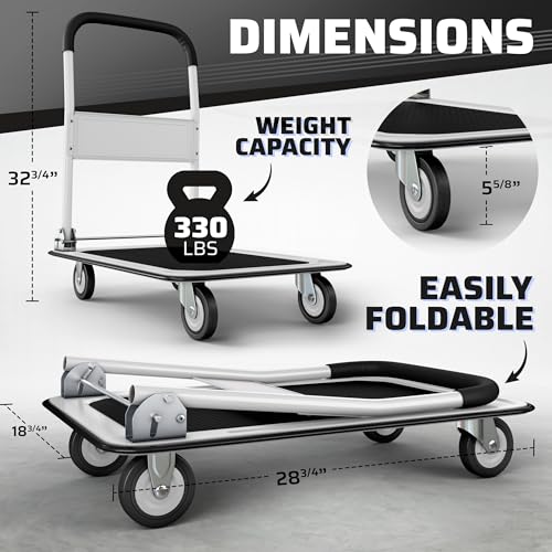 Heavy Duty Foldable Push Cart Dolly | 330 lbs. Capacity | Upgraded Collapsible Hand Truck Folding Platform with Swivel Wheels | Flat Bed Moving Wagon | Space Saving Push Handle (White) - color: White, 330 Lbs. Capacity