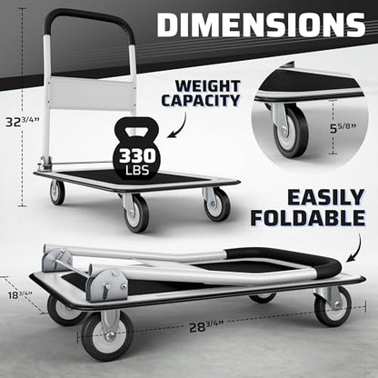 Heavy Duty Foldable Push Cart Dolly | 330 lbs. Capacity | Upgraded Collapsible Hand Truck Folding Platform with Swivel Wheels | Flat Bed Moving Wagon | Space Saving Push Handle (White) - color: White, 330 Lbs. Capacity