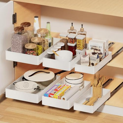 Creahaus 3 Pack Pull Out Drawers for Cabinets with Metal Slides, Easy to Install Cabinet Roll Out Shelves, Smooth Slide Out Drawers for Kitchen Cabinets with Nano Adhesive