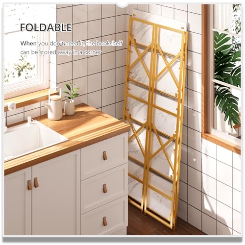 4NM 5 Tiers No Assembly Book Shelves, 51.2" H Folding Bookshelf Bookcase Open Industrial Foldable Shelves for Bedroom, Living Room, Home Office - White Gold - color: White Gold, size: XX 5-Tier