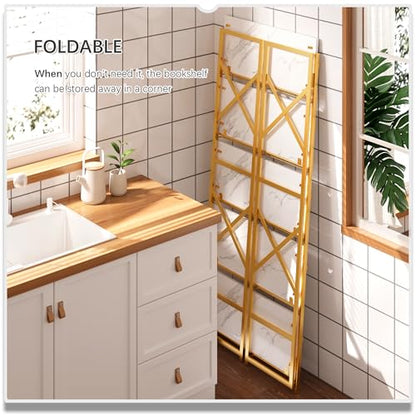 4NM 5 Tiers No Assembly Book Shelves, 51.2" H Folding Bookshelf Bookcase Open Industrial Foldable Shelves for Bedroom, Living Room, Home Office - White Gold - color: White Gold, size: XX 5-Tier