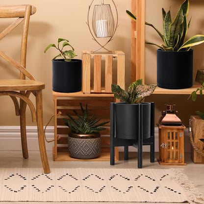 D'vine Dev Plastic Pot with Ebony Wood Stand, Black, 8 in, 55-C-K-2 | Mid-Century Inspired Design, Elevated Plant Display, Clean Lines, Sturdy Support, Modern Space-Saving Style - color: Matte Black Pot + Ebony Stand, size: 8 Inch