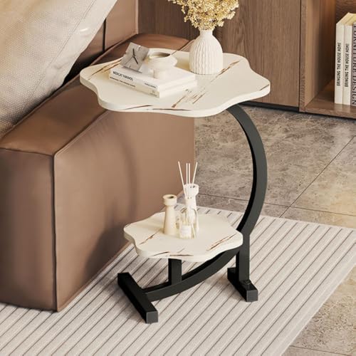 2 Layers Flower Shape Marble Texture Small C-Shaped SideTable,Snack Side Table, End Table for Sofa Side Table,Bedside Table for Living Room Kitchen Garden Bedroom - color: White+black