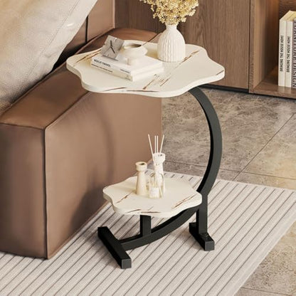 2 Layers Flower Shape Marble Texture Small C-Shaped SideTable,Snack Side Table, End Table for Sofa Side Table,Bedside Table for Living Room Kitchen Garden Bedroom - color: White+black