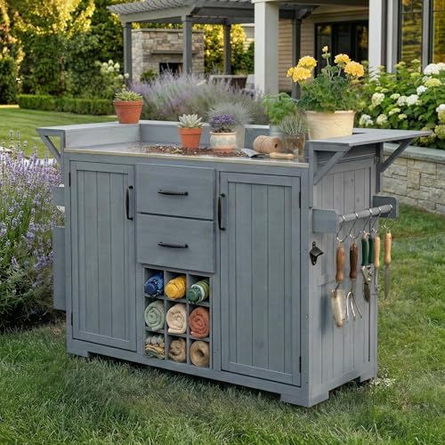 Modern 60.2''W Outdoor Kitchen Island with Wheels, Rolling Patio BBQ Kitchen Cart with Stainless Steel Top, Wood Grill Cart with Spice Rack&Wine Rack,2 Drawers, Gray - style: Gray