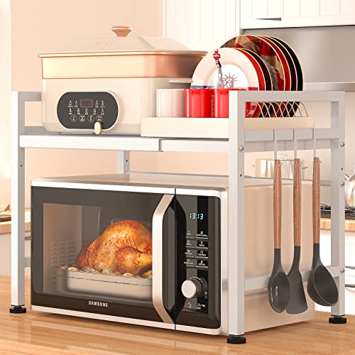 PUSDON Expandable Microwave Oven Rack, 2-Tier Countertop Baker's Rack Style Shelf, Heavy Duty Carbon Steel Stand with 3 Hooks, 160lbs Capacity Modern Kitchen Organizer, White - color: White, size: H-frame 2 tier