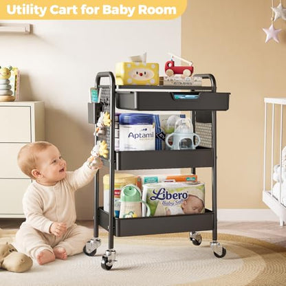 KINGBOARD 3 Tier Metal Rolling Cart with Drawer, Black Utility Storage Cart | 2 Cups & 4 Hooks, Lockable Wheels, Trolley Organizer for Bathroom, Kitchen, Office, Nursery, Dorm, Laundry, Craft Room