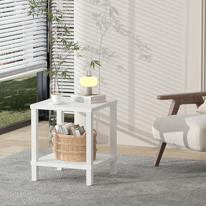 MMEOLUOOK Large End Table Square Side Table Modern Sofa Table 20 Inch Industrial Coffee Table NightStand with 2-Tier Storage Shelf for Living Room Bedroom White MLBZ06W - color: White