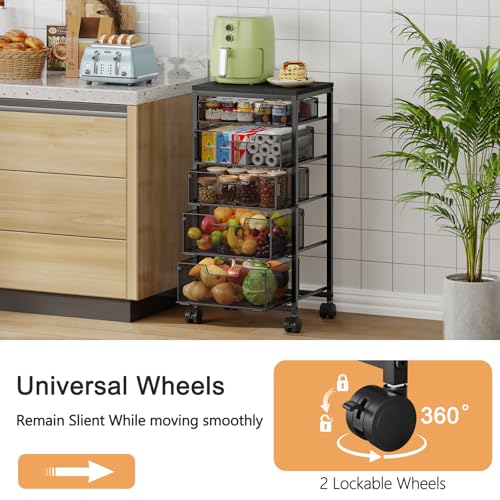 Kitchen Storage Cart with Drawer, 5-Tier Fruit Vegetable Storage Cart, Kitchen Organizer and Storage Cart with Wheels, Wooden Top Metal Wire Pantry Storage Cart rack for Fruit Snack Onion Potato - size: 5-Tier Black