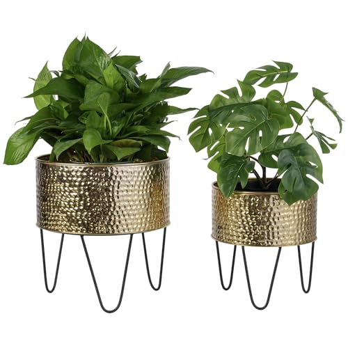 MyGift Modern Brass Tone Metal Planter Pots with Pebbled Texture, Hammered Plant Containers with Matte Black Wire Stands, 2 Piece Set, 8 and 10 Inch - Handcrafted in India - color: Brass