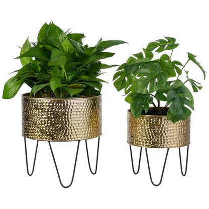 MyGift Modern Brass Tone Metal Planter Pots with Pebbled Texture, Hammered Plant Containers with Matte Black Wire Stands, 2 Piece Set, 8 and 10 Inch - Handcrafted in India - color: Brass