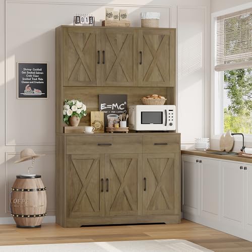 HOSTACK 71" Pantry Cabinet with Charging Station, Tall Kitchen Pantry Storage Cabinet with Microwave Stand, Farmhouse Kitchen Hutch with Storage Drawers for Living Room, Dining Room, Rustic Brown - color: Rustic Brown