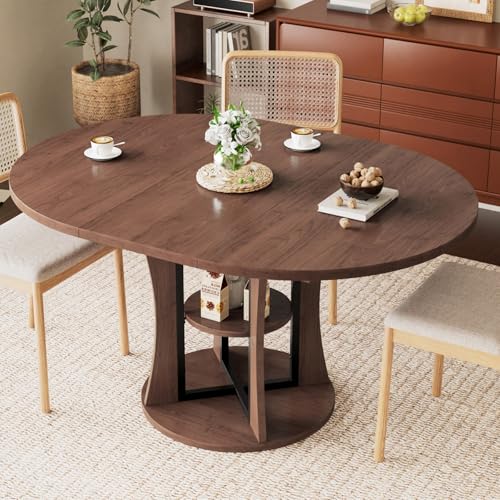 Extendable Round Dining Table for 4-6-8, 43.3-59in Expandable Kitchen Table with Storage Shelf, Space Saving Circle Oval Dining Table with Leaf for Kitchen, Dining Room, Walnut - color: Walnut
