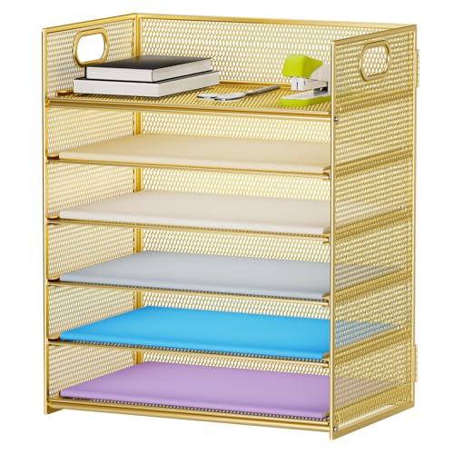 Marbrasse Paper Letter Tray Organizer - 6 Tier Mesh File Organizer with Handle, Paper Sorter Organizer for Letter/A4 Office File Folder Holder - Gold - color: Gold