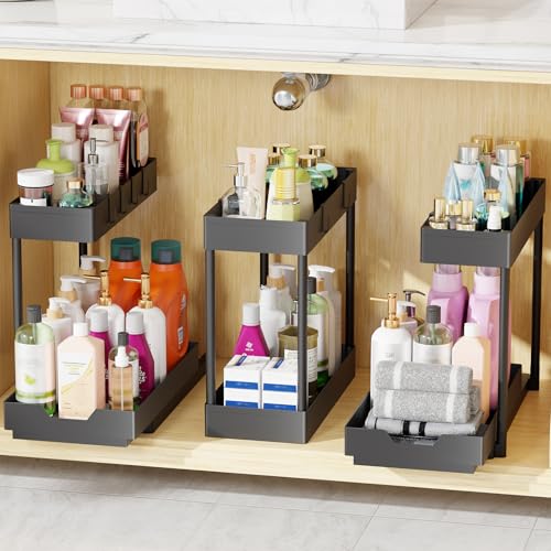 Simple Trending Under Sink Organizer 3 Pack, Sink Pull-Out Sliding Storage Cabinet, 2-Tier Under Shelf Organizer for Kitchen Bathroom, Black - size: 3 pack