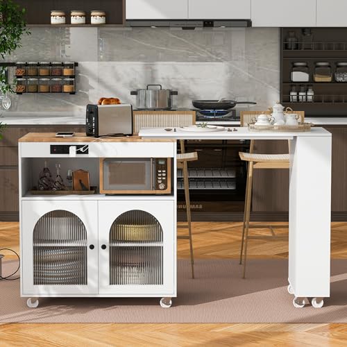 Rolling Kitchen Island with Extendable Swivel Table and Power Outlet, Kitchen Island on Wheels with Storage Cabinet, Fluted Glass Doors and Open Shelves for Small Spaces, White - color: White