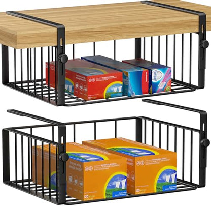 AmonHouseware 2Pack Under Shelf Basket Storage,Adjustable Hanging,Black | Under Cabinet Shelf Add-on, Slide-in Baskets,Organizer for Laundry Room Kitchen Pantry Desk Bookshelf Counter Cupboard - color: Black