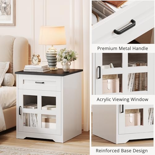 Farmhouse End Table Set of 2, 18" Square Side Table with Drawer and Barn Door Storage, Wood Couch Side Table for Living Room, Bedroom, White - size: 2PCS