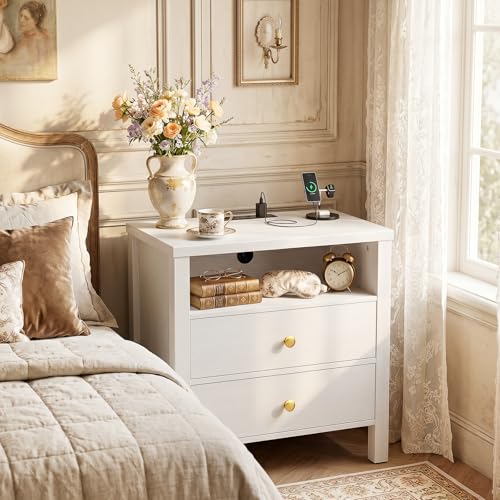 Aheaplus Nightstand with Charging Station, 23.6'' Large Bed Side Table with Wooden 2 Drawers, Night Stand for Bedroom, End Table with Open Storage Shelf for Living Room, Set of 2, White - color: White
