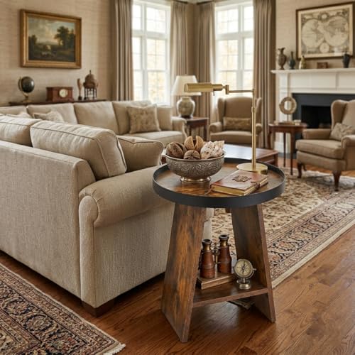 Round End Table with Tray Top, 2-Tier Rustic Side Table with Storage Shelf, Modern Farmhouse Industrial Wood Nightstand for Living Room, Bedroom, Small Spaces (Rustic Brown) - color: Rustic Brown