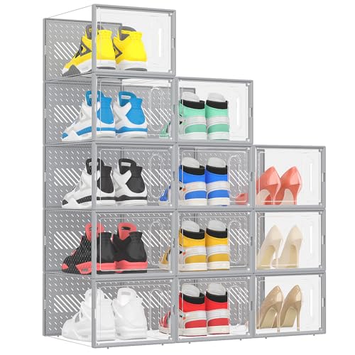 eWonLife Large Shoe Organizer Storage Box with Magnetic Door,12 Pack Clear Plastic Stackable Sneaker Containers for Closet, Connect Left and Right Shoe Box for Entryway, Drop Front, Under Bed (Grey) - color: Grey
