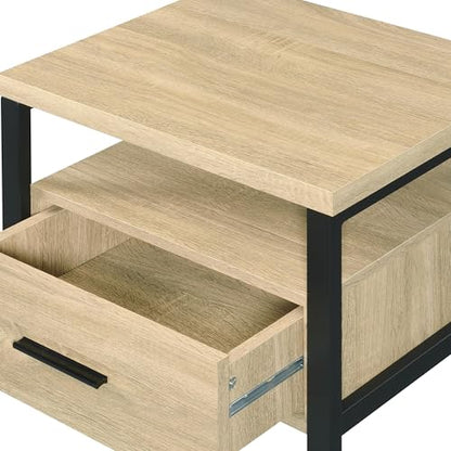 Industrial Bedside Table: 1 Drawer & Open Shelf Nightstand - Oak & Black Metal Frame for Loft Style Bedroom & Studio Use