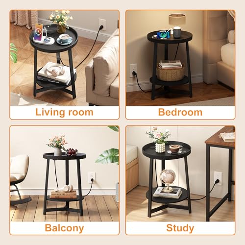 Round Industrial Side Table with Charging Station,2-Tier Round End Table with USB Port & Power Outlet, Nightstand with Metal Frame for Small Spaces, Living Room, Bedroom, Black - color: Black, style: With Charging Station