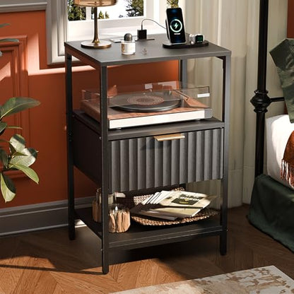VINGLI Nightstands Set of 2 with Charging Station and Fabric Drawer, Fluted Nightstand/Bed Side Table/End Table for Bedroom, Black Night Stand Small, Bedside Table with Charging Station, 2 pcs - color: Black, size: 15"W-1 Drawer 2 Shelf