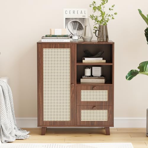 Farini Side Buffet Cabinet with Rattan Doors,Kitchen Sideboard with 2 Drawers Coffee Bar Storage Console Table,Walnut,27.6 inch - color: Walnut, size: 27.6 inch-Drawers
