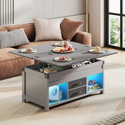 WLIVE 40" Lift Top Coffee Table, 4 in 1 Coffee Tables with Storage, 2 Fabric Drawers, LED Light and USB, Modern Coffee Table with Hidden Compartment for Living Room, Dining Room, Grey - color: Grey