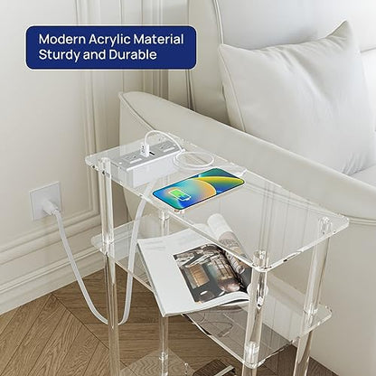 HMYHUM Acrylic Narrow Side Table with Charging Station, 7" Width, 3 Tier Small End Table for Small Spaces, Skinny Nightstand/Bedside Table with USB Ports & Outlet, Clear - size: 3-tier