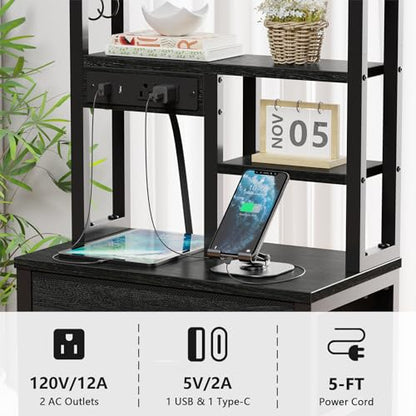 Black Nightstand with Bookshelf, Tall Bedside Table & Night Stand | 3 Fabric Drawers & LED Lights, 45.3" Bed Side & End table with Charging Station in Bedroom, Dorm, Metal Frame, Wood Shelves - color: Black Oak, size: 3 Drawer
