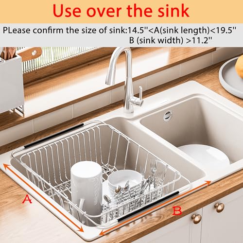 NiuYichee Stainless Steel Dish Drying Rack(15"L X 11"W X 4.1"H), Expandable Fruit & Vegetable Drain Rack over Sink, Dish Drainer Rack in Sink, with Stainless Steel Utensil Holder & Silicone Mat(16") - size: Large【15" X 11"】
