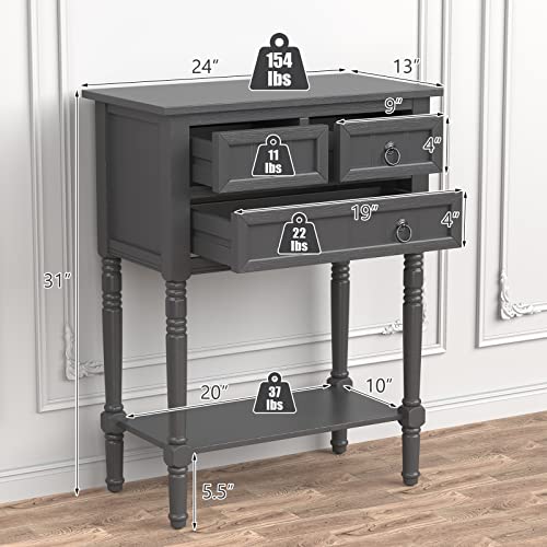 GIANTEX Console Table with 3 Drawers, 24" Rustic Entryway Table with Storage, Open Bottom Shelf, Compact Hallway Table, Small Sofa Side Table for Living Room, Bedroom, Narrow Entry Table, Gray - color: Grey