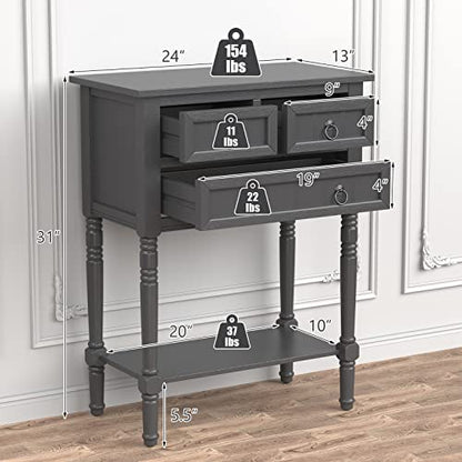 GIANTEX Console Table with 3 Drawers, 24" Rustic Entryway Table with Storage, Open Bottom Shelf, Compact Hallway Table, Small Sofa Side Table for Living Room, Bedroom, Narrow Entry Table, Gray - color: Grey