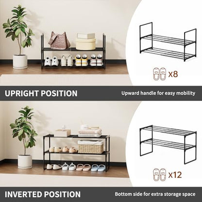 HAIXIN Expandable Shoe Rack, 2 Tier Adjustable Shoe Organizer | Stretch to Fit Your Space, Upright and Upside Down, Stack Multiple Sets, No-Tool Assembly, Fit Tight Closet, Entryway, Strudy - size: 2 Tier